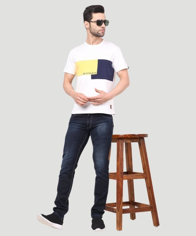 Men's White Colourblock Half Sleeves Regular Fit T-Shirt
