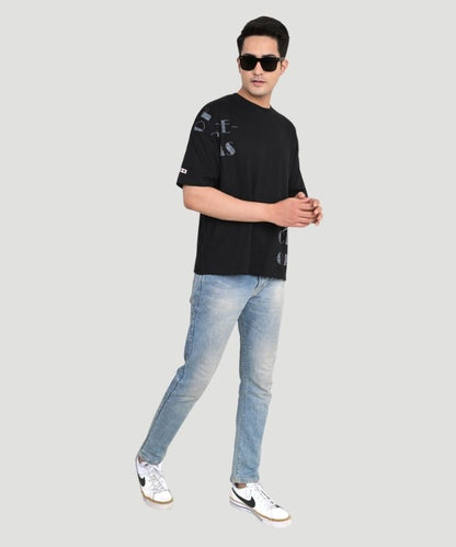 Men's Black Typography Half Sleeves Oversized Fit T-Shirt